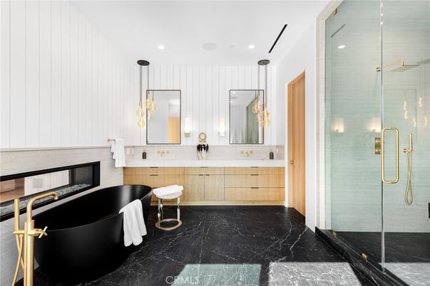 Bathroom, Dual Sink Vanities, Free Standing Baths, Glass Shower, Interior, Marble, Pendant Lights, Recessed Lighting
