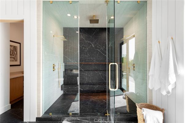 Bathroom, Glass Shower, Interior, Marble, Marble Walls, Recessed Lighting