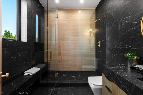 Bathroom, Glass Shower, Interior, Marble, Marble Walls, Recessed Lighting