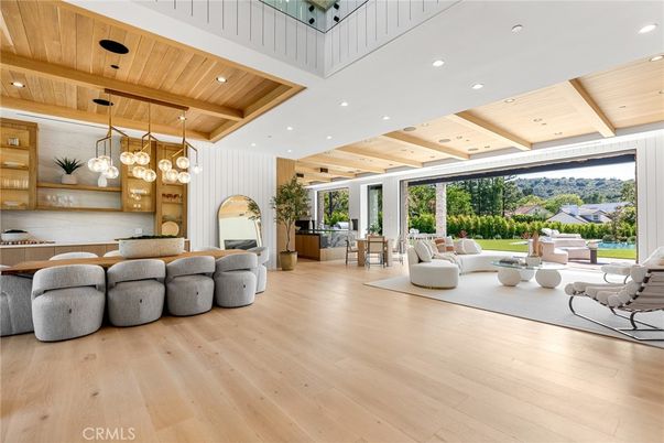 Dining room, Interior, Living room, Pendant Lights, Recessed Lighting, Wooden Beams, Wooden Ceilings, Wood Texture Flooring