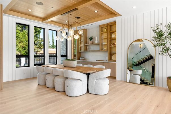 Dining room, Interior, Pendant Lights, Recessed Lighting, Wooden Ceilings, Wood Texture Flooring
