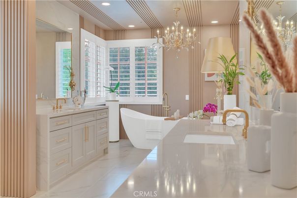 Bathroom, Chandelier, Dual Sink Vanities, Free Standing Baths, Interior, Marble, Recessed Lighting