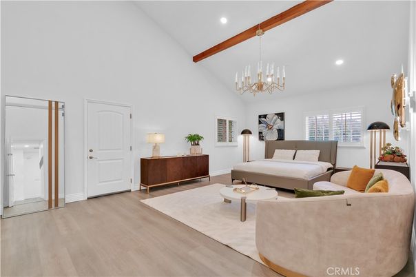 Bedroom, Chandelier, Interior, Living room, Recessed Lighting, Wooden Beams, Wood Texture Flooring