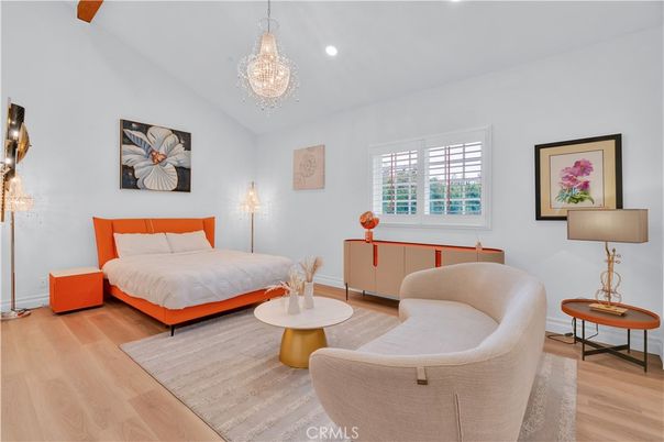 Bedroom, Chandelier, Interior, Recessed Lighting, Wood Texture Flooring