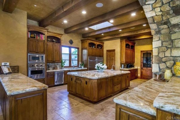 Interior, Kitchen, Recessed Lighting, Stainless Steel Appliances, Stone Walls, Wooden Beams
