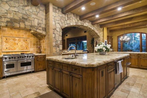 Interior, Kitchen, Pendant Lights, Recessed Lighting, Stainless Steel Appliances, Stone Walls, Wooden Beams