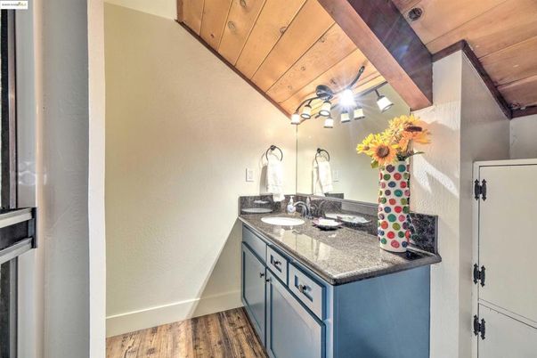 Bathroom, Dual Sink Vanities, Interior, Wooden Ceilings, Wood Texture Flooring
