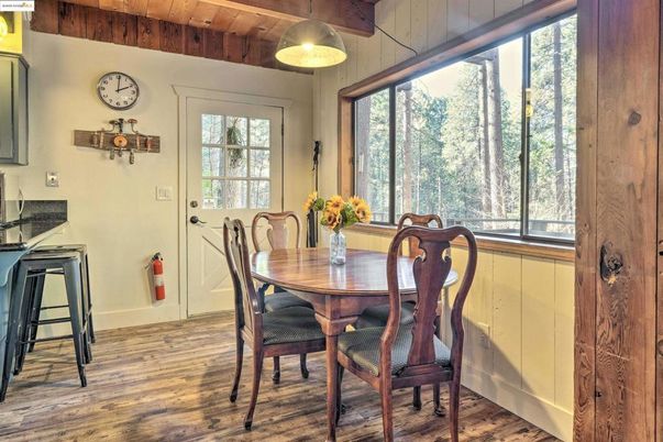Dining room, Interior, Pendant Lights, Wooden Beams, Wooden Ceilings, Wood Texture Flooring