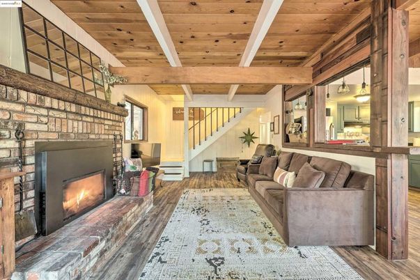 Fireplace, Interior, Living room, Pendant Lights, Wooden Beams, Wooden Ceilings, Wood Texture Flooring