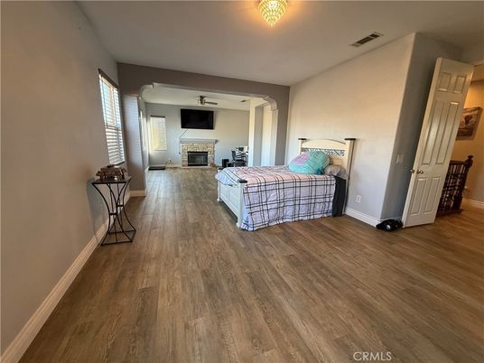 Bedroom, Fireplace, Interior, Wood Texture Flooring
