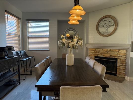 Dining room, Fireplace, Interior, Pendant Lights, Wood Texture Flooring