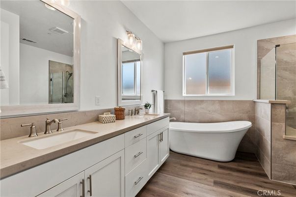 Bathroom, Dual Sink Vanities, Free Standing Baths, Interior, Wood Texture Flooring