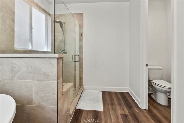 Bathroom, Glass Shower, Interior, Wood Texture Flooring