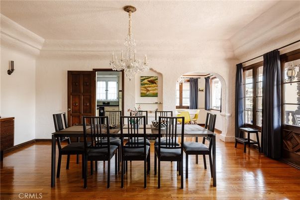 Chandelier, Dining room, Interior, Wood Texture Flooring