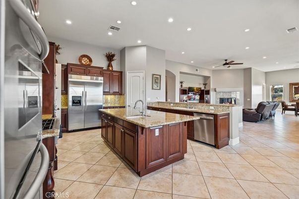 Fireplace, Interior, Kitchen, Living room, Recessed Lighting, Stainless Steel Appliances