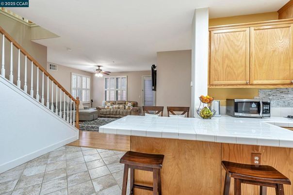 Interior, Kitchen, Living room, Tile Countertops, Wood Texture Flooring