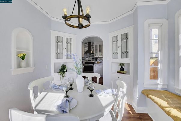 Dining room, Interior, Pendant Lights, Wood Texture Flooring