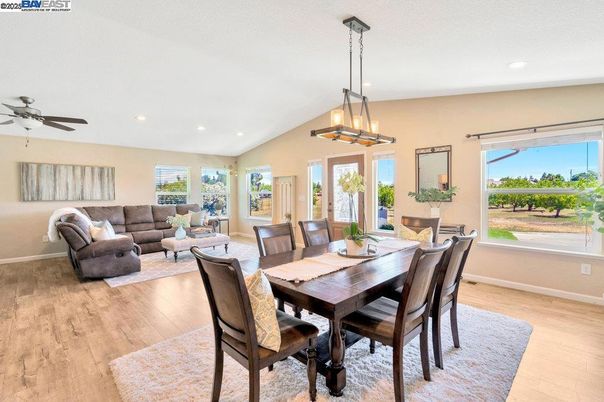 Dining room, Interior, Living room, Pendant Lights, Recessed Lighting, Wood Texture Flooring