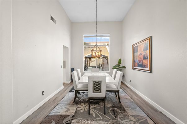 Dining room, Interior, Pendant Lights, Wood Texture Flooring
