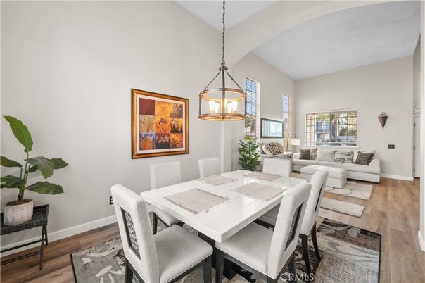 Dining room, Interior, Living room, Pendant Lights, Wood Texture Flooring