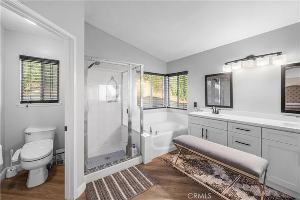 Bathroom, Dual Sink Vanities, Glass Shower, Interior, Wood Texture Flooring