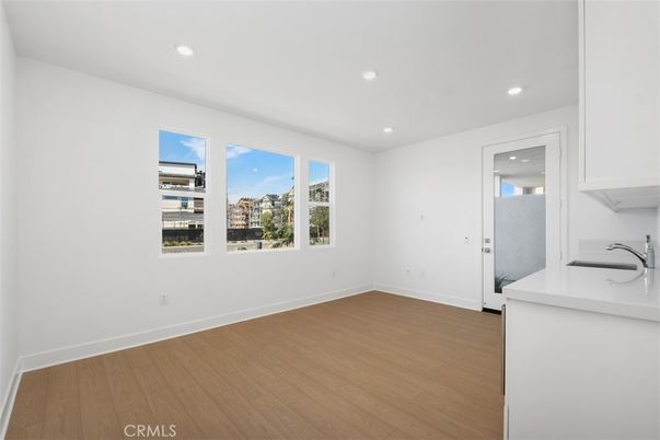Empty room, Interior, Kitchen, Recessed Lighting, Wood Texture Flooring