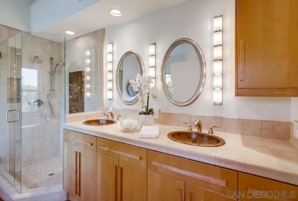 Bathroom, Dual Sink Vanities, Glass Shower, Interior, Recessed Lighting, Tile Countertops