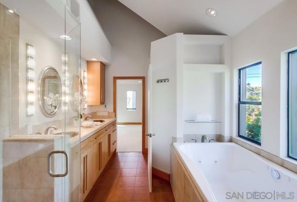 Bathroom, Dual Sink Vanities, Glass Shower, Interior, Recessed Lighting, Wood Texture Flooring