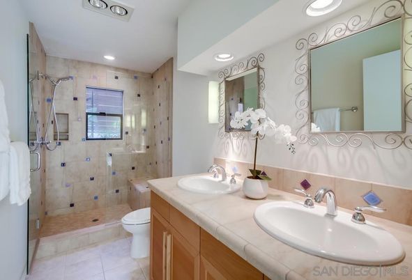 Bathroom, Dual Sink Vanities, Glass Shower, Interior, Recessed Lighting, Tile Countertops