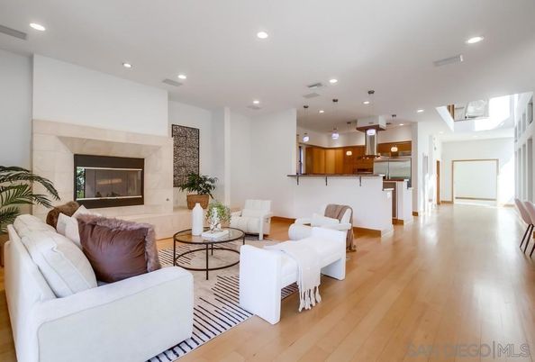 Fireplace, Interior, Kitchen, Living room, Pendant Lights, Recessed Lighting, Wood Texture Flooring