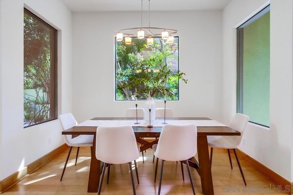 Dining room, Interior, Pendant Lights, Wood Texture Flooring