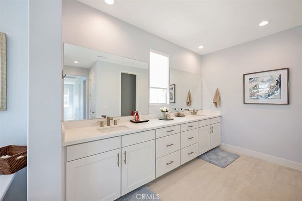 Bathroom, Dual Sink Vanities, Interior, Recessed Lighting, Wood Texture Flooring