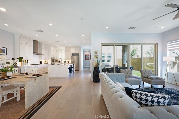 Dining room, Interior, Kitchen, Living room, Recessed Lighting, Stainless Steel Appliances, Wood Texture Flooring