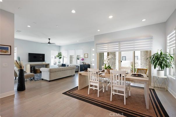 Dining room, Interior, Living room, Recessed Lighting, Wood Texture Flooring