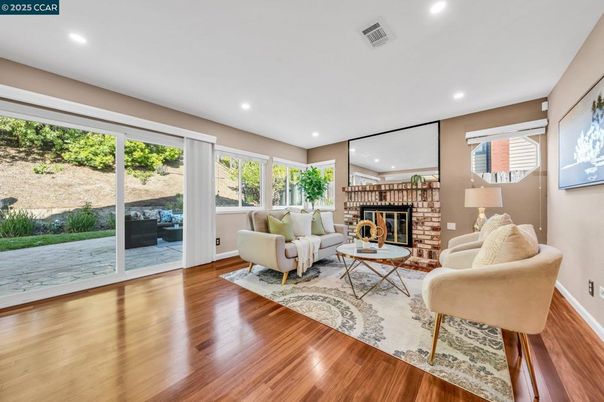 Fireplace, Interior, Living room, Recessed Lighting, Wood Texture Flooring