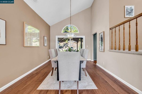 Dining room, Interior, Pendant Lights, Wood Texture Flooring