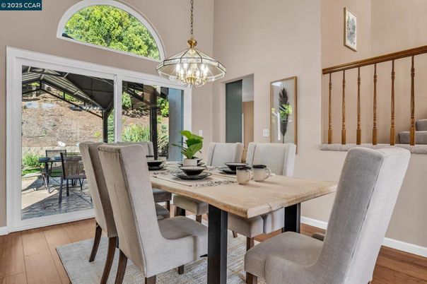 Dining room, Interior, Pendant Lights, Wood Texture Flooring