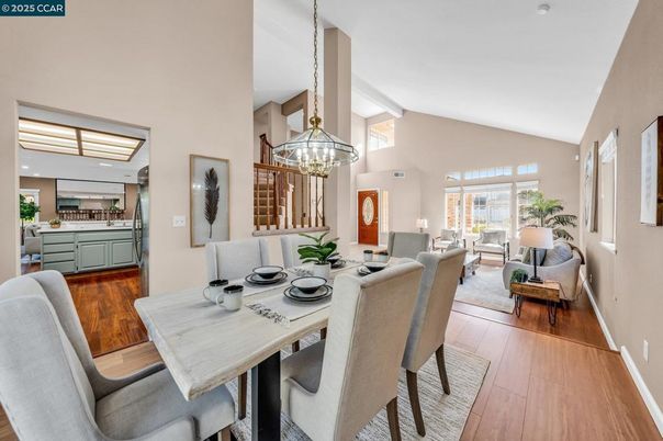 Dining room, Interior, Living room, Pendant Lights, Recessed Lighting, Wood Texture Flooring