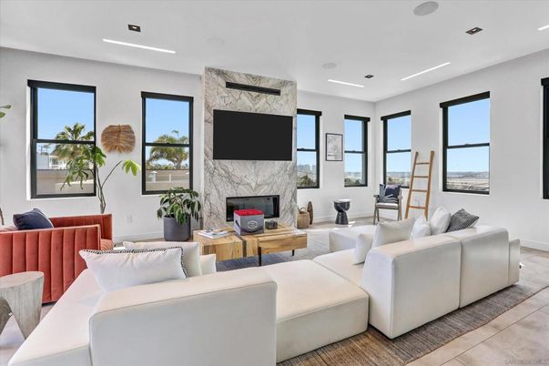 Fireplace, Interior, Living room, Marble Walls, Recessed Lighting