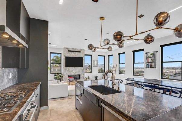Fireplace, Interior, Kitchen, Living room, Pendant Lights, Recessed Lighting