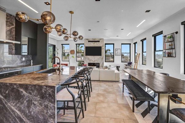 Dining room, Fireplace, Interior, Kitchen, Living room, Pendant Lights, Recessed Lighting