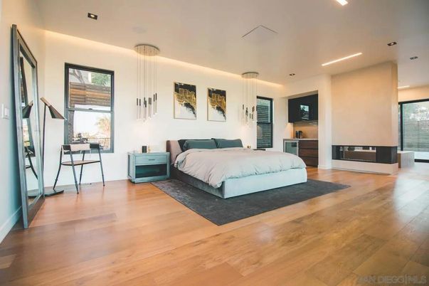 Bedroom, Interior, Pendant Lights, Recessed Lighting, Wood Texture Flooring