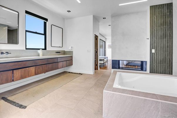 Bathroom, Dual Sink Vanities, Fireplace, Interior, Recessed Lighting