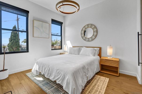 Bedroom, Interior, Pendant Lights, Wood Texture Flooring