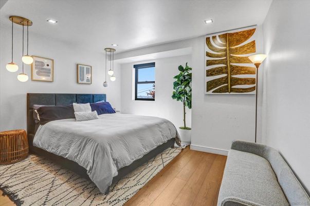 Bedroom, Interior, Pendant Lights, Recessed Lighting, Wood Texture Flooring