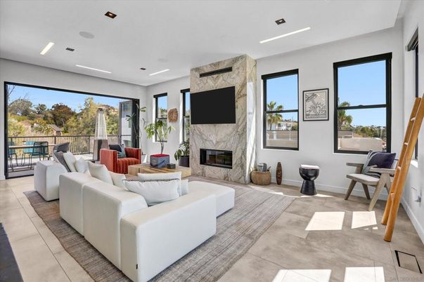 Fireplace, Interior, Living room, Marble Walls, Recessed Lighting