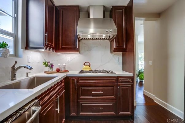 Interior, Kitchen, Marble Walls, Stainless Steel Appliances, Wood Texture Flooring