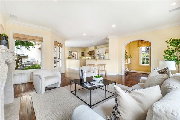 Fireplace, Interior, Kitchen, Living room, Recessed Lighting, Wood Texture Flooring