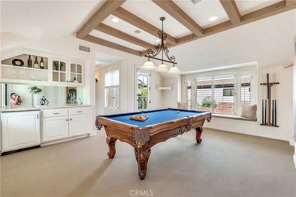 Billiard Table, Chandelier, Game Room, Interior, Pendant Lights, Recessed Lighting, Wooden Beams