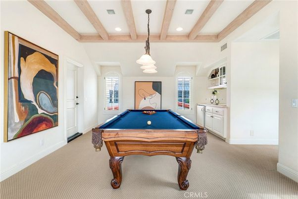 Billiard Table, Game Room, Interior, Pendant Lights, Recessed Lighting, Wooden Beams